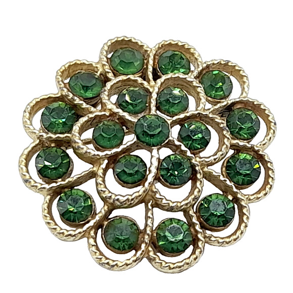 Vintage Small Green Rhinestone Flower Brooch, 1950s, Gold Tone, 1 1/4" - Picture 1 of 9